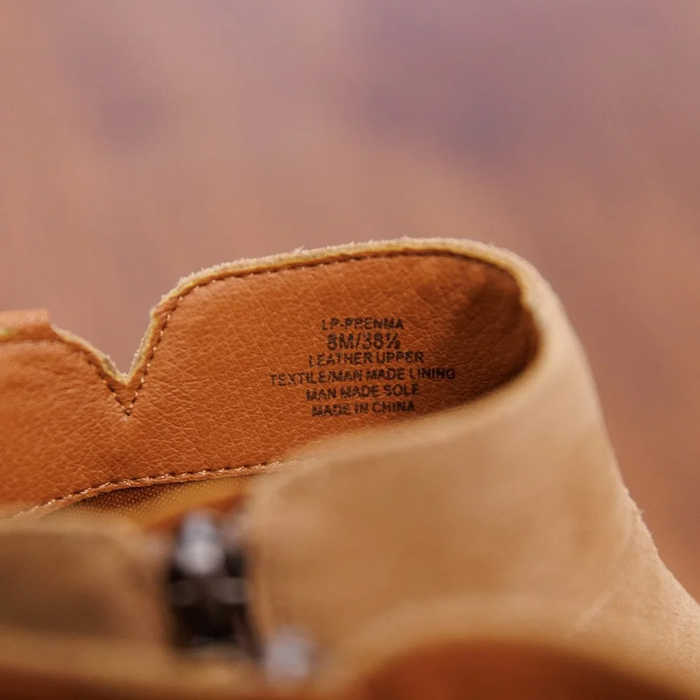 Lucky Brand Basel Tan Suede Ankle Booties Women 8M Round Toe Zip Stacked Heel